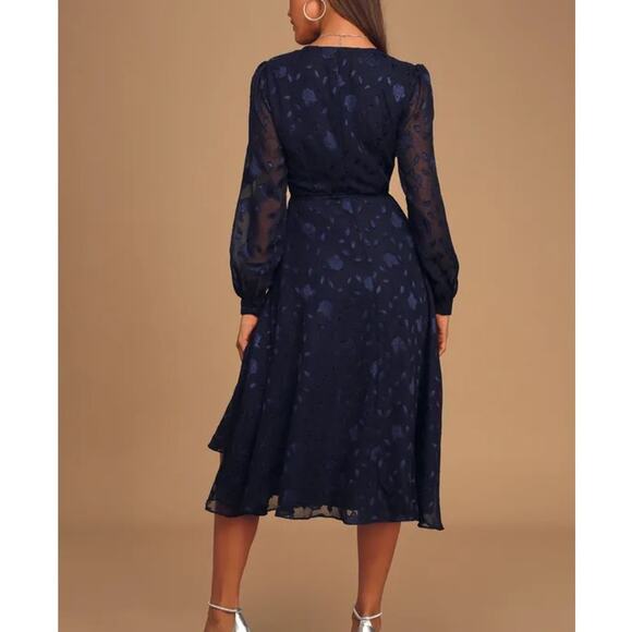 Lulus Evening of Elegance Navy Blue Floral Jacquard Wrap Midi Dress size Medium - Picture 2 of 10